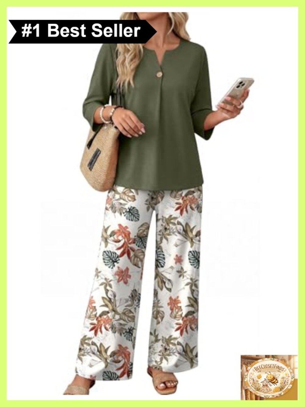 2 Piece Lounge Set 3/4 Sleeve Notched V-Neck Wide Leg Pants Travel Outfit